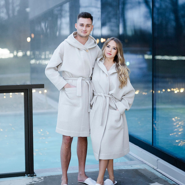 Waffle Cotton UNISEX Robe with Hood - White