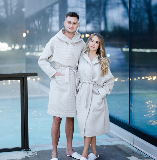 Waffle Cotton UNISEX Robe with Hood - White