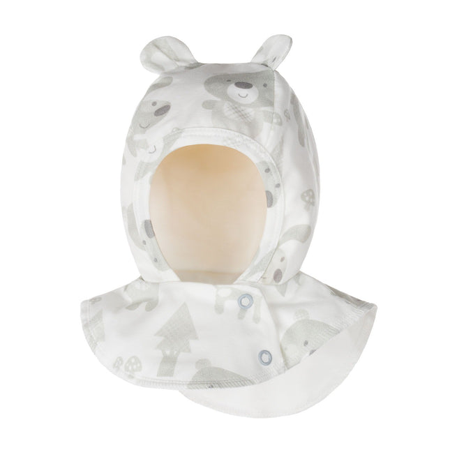 White and Beige Bear-Print Cotton Baby Balaclava