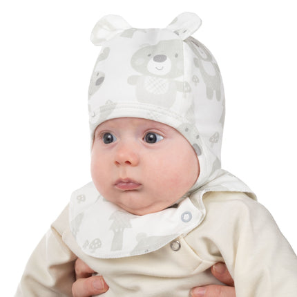 White and Beige Bear-Print Cotton Baby Balaclava