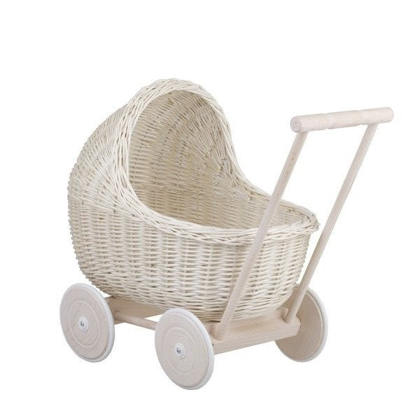 Whitewashed Wicker Doll Pram – Beige Bedding