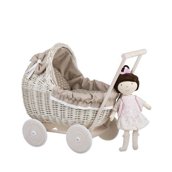 Whitewashed Wicker Doll Pram – Beige Bedding