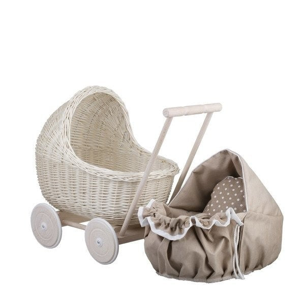 Whitewashed Wicker Doll Pram – Beige Bedding