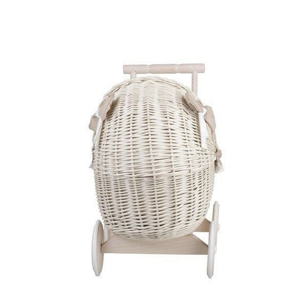 Whitewashed Wicker Doll Pram – Beige Bedding