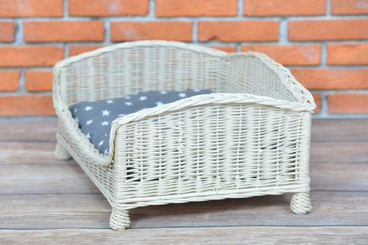 Whitewashed Wicker Pet Bed Alfie With Cushion, 74×52 cm