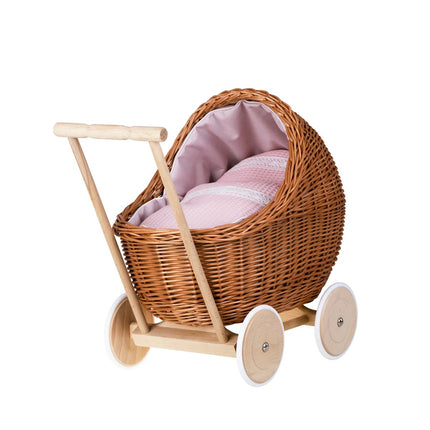 Wicker Doll Pram Lili – Pink Bedding