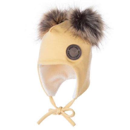 Yellow Merino Wool Baby Hat with Faux-Fur Pompoms